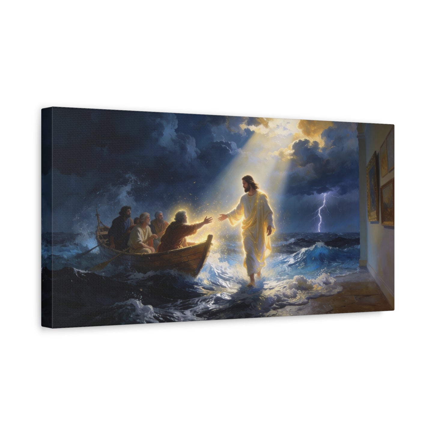 Jesus Christ Walking On Water Canvas Wall Art - Storm Sea Disciples Boat, Religious Christian Decor - Luminous Matte Canvas Print - Traditional Style, Living Room Wall Decor - Bedroom Home Decoration