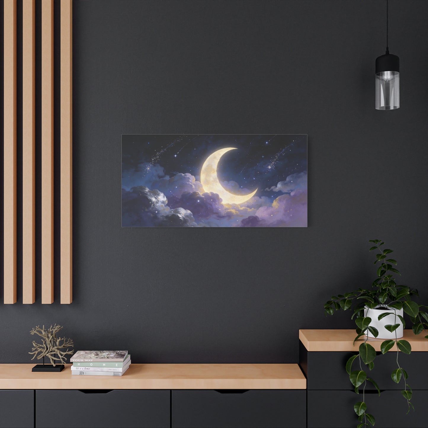Crescent Moon Canvas Wall Art - Dreamy Night Sky Clouds, Celestial Starry Canvas Print - Contemporary Blue Gold Fantasy Decor - Bedroom Wall Decor, Living Room Home Accent - Bedroom Home Decoration