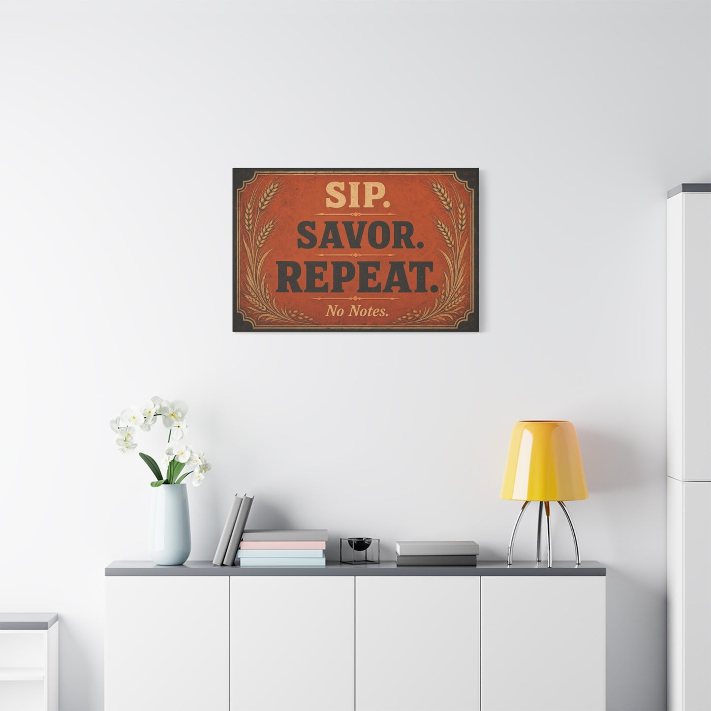 "Sip. Savor. Repeat. No Notes." Typography Canvas Wall Art - Vintage Bar Decor - Rustic Farmhouse Style - Ready to Hang Wall Hanging - Cocktail Lounge Decor - Speakeasy Style Sign - Matte Finish Print