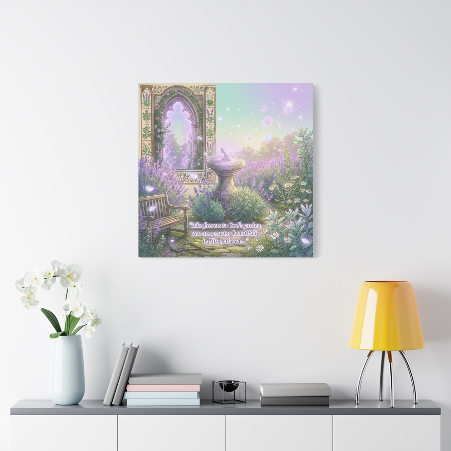 "Like Flowers In God's Garden, You Are Growing Beautifully In His Gentle Care" Canvas Wall Art - Lavender Garden Arch, Sundial Bench - Pastel Botanical Decor For Bedroom Living Room - Office Wall Art