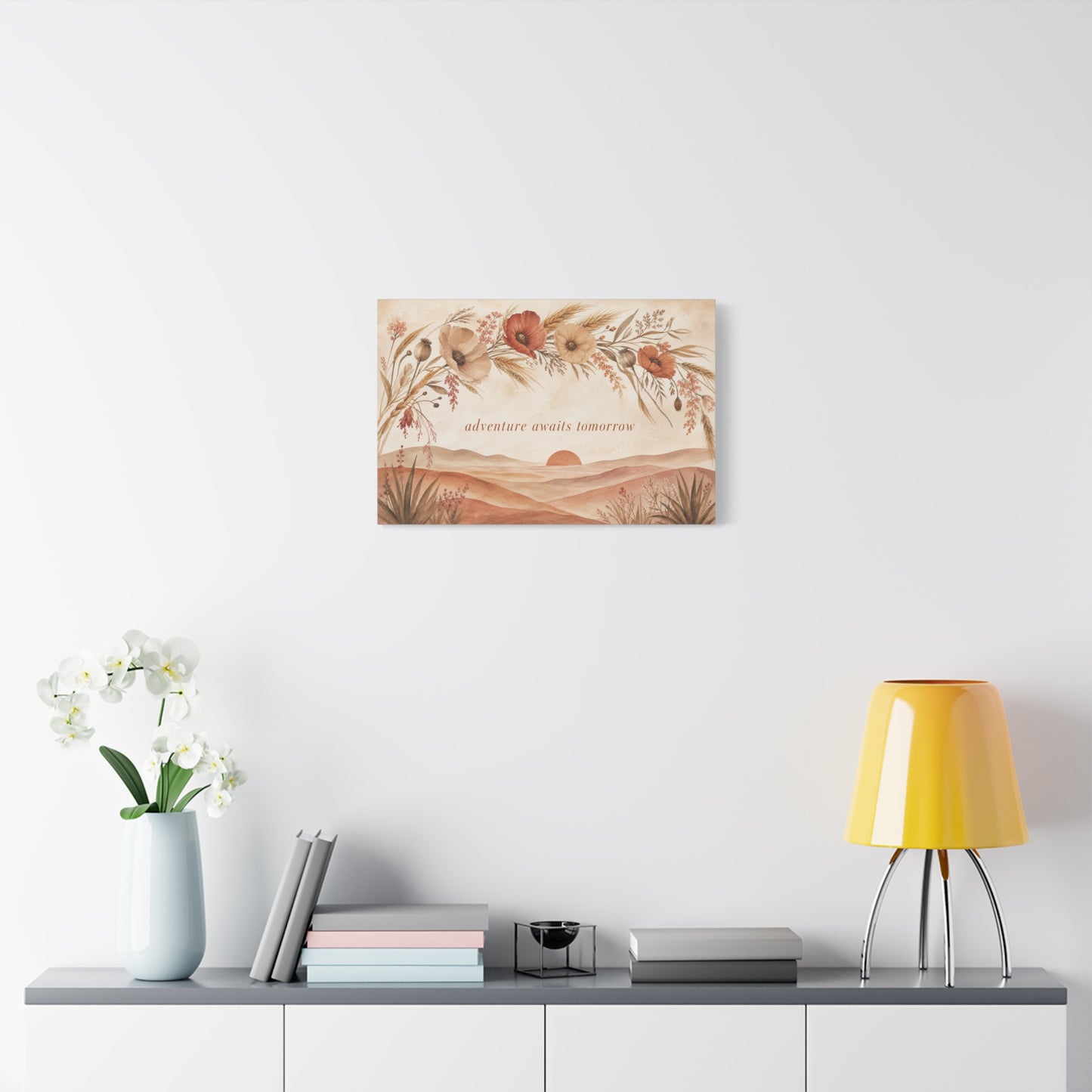 "Adventure Awaits Tomorrow" Poppy Flower Canvas Wall Art - Boho Botanical Desert Sunset Quote Print - Warm Neutral Watercolor Landscape - Bedroom Wall Decor, Living Room Home Accent - Ready to Hang