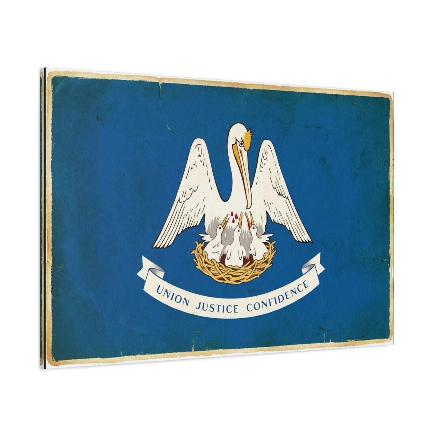 "Union Justice Confidence" Louisiana State Flag Canvas Wall Art - Vintage Pelican Crest Print, Distressed Blue Banner, Patriotic Traditional Decor - Living Room Office Wall Decor - Ready to Hang