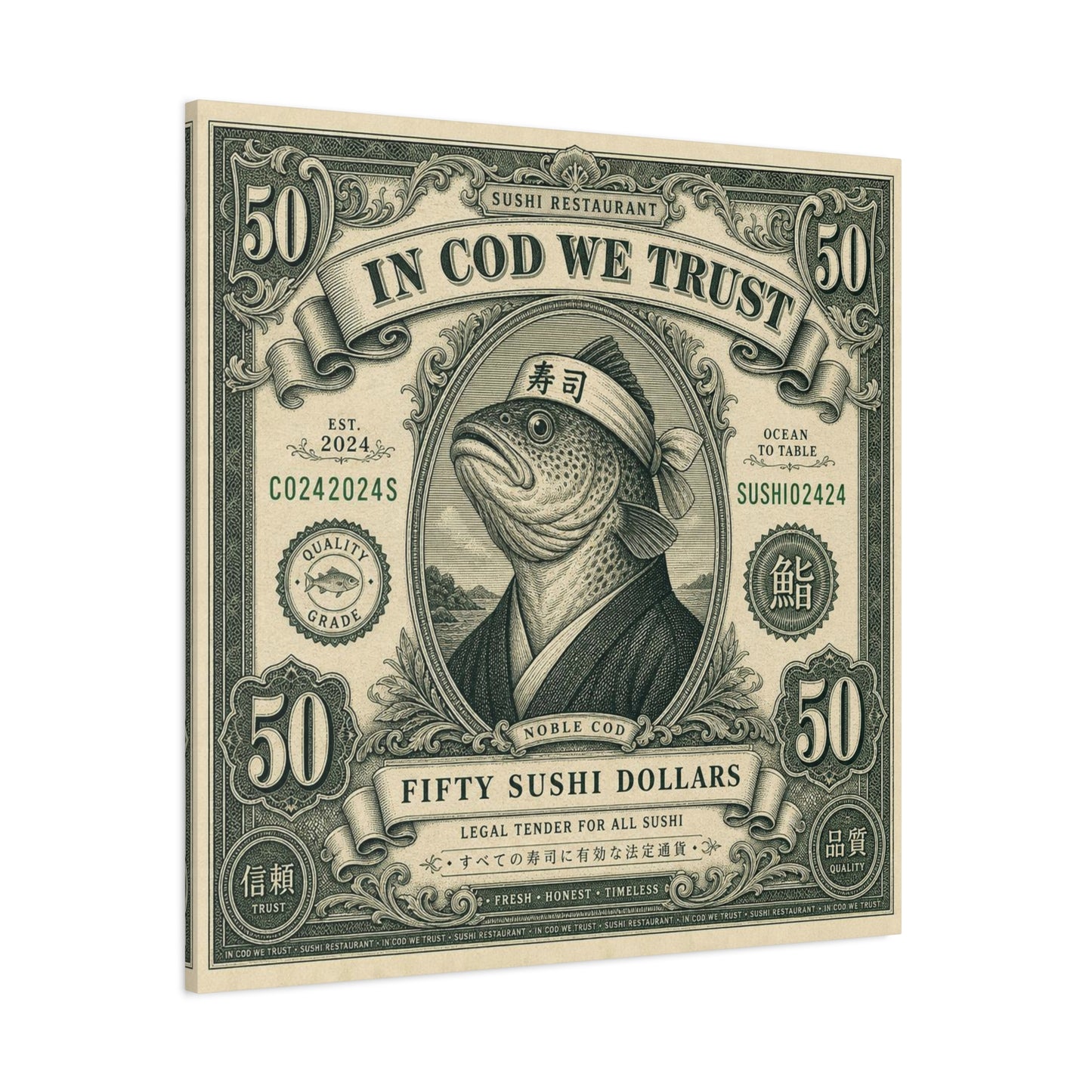 "In Cod We Trust" Sushi Restaurant Canvas Wall Art - Vintage Money Bill Fish Illustration, Typography Poster Style, Cotton Canvas Print, Cafe Decor, Dining Room Accent, Office Art - Ready to Hang