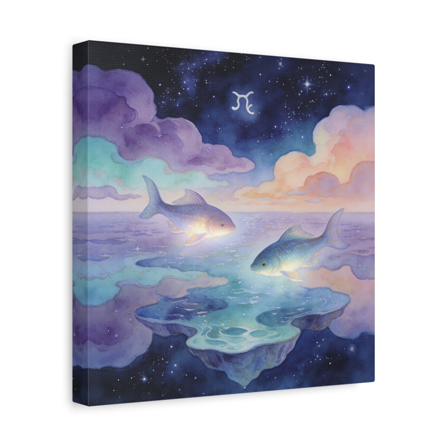 Pisces Zodiac Canvas Wall Art - Celestial Fish Over Dreamlike Sea, Watercolor Illustration - Mystical Night Sky, Matte Canvas Print - Bedroom Wall Decor, Meditation Space Accent - Ready to Hang