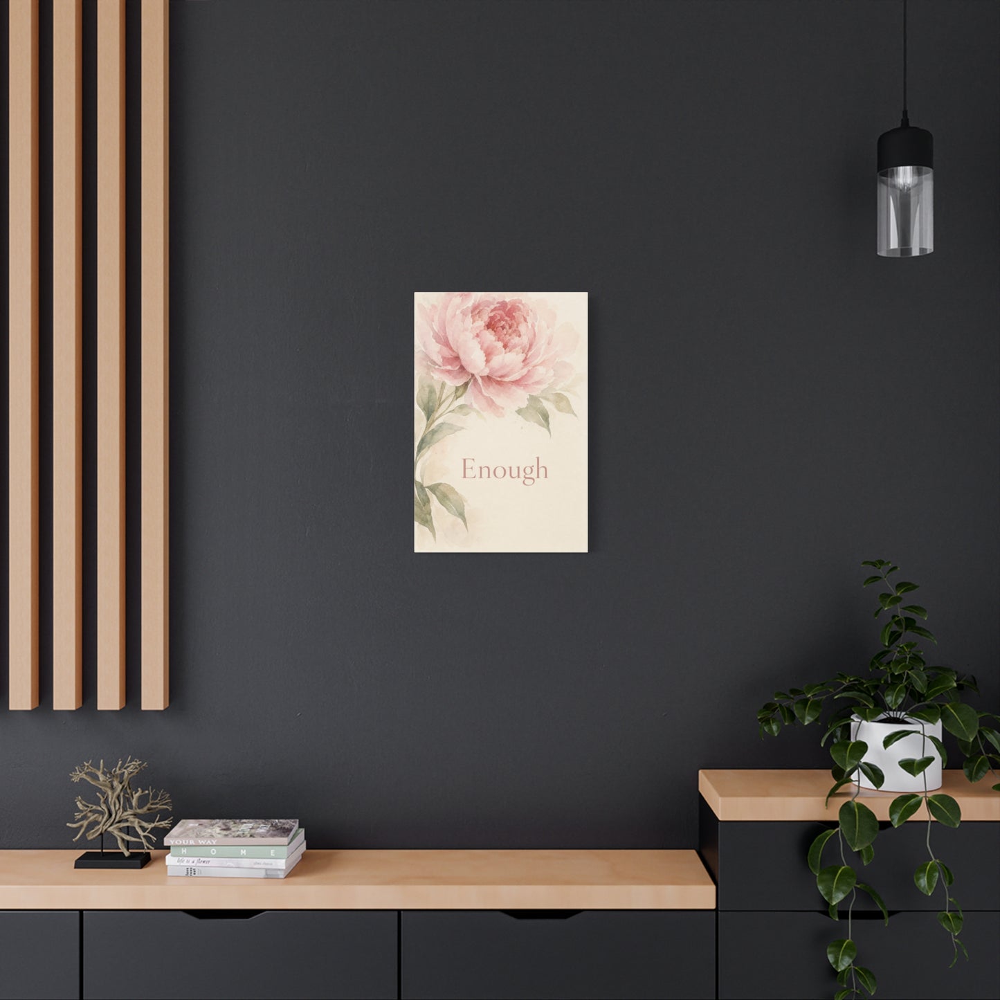 "Enough" Peony Canvas Wall Art - Pink Watercolor Floral Inspirational Print - Soft Botanical Bedroom Wall Decor - Feminine Home Decoration - Bedroom Home Decoration - Modern Farmhouse Style