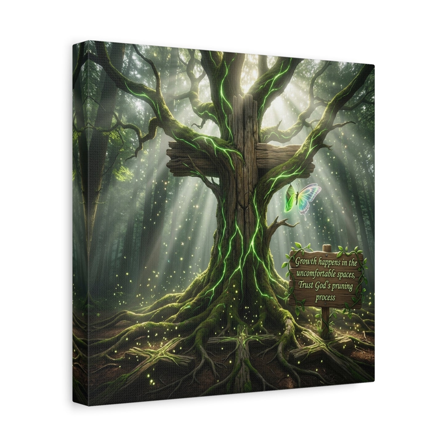 "Growth Happens In The Uncomfortable Spaces, Trust God's Pruning Process" Christian Canvas Wall Art - Forest Tree Cross, Butterfly - Inspirational Rustic Decor - Living Room Wall Decor - Ready to Hang