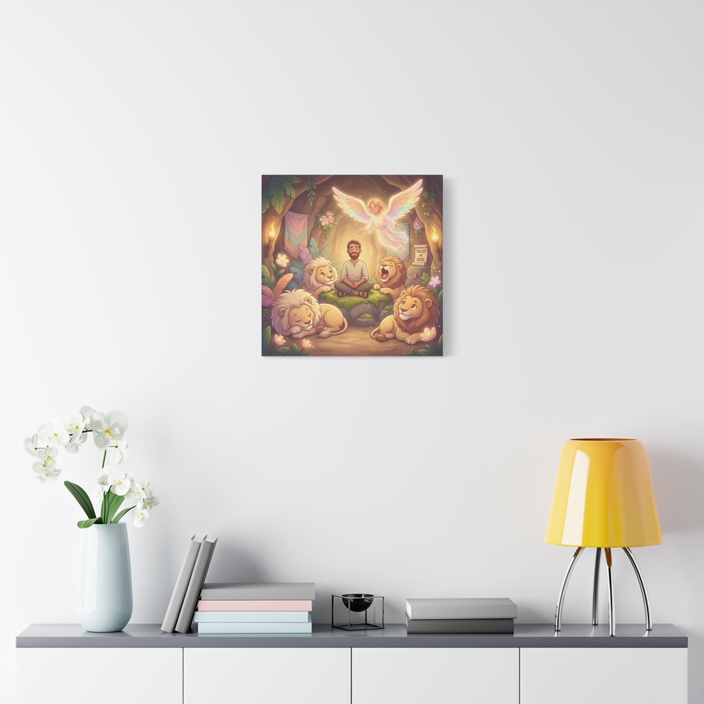 "Trust In God" Christian Canvas Wall Art - Angel, Man With Lions Cave Scene - Pastel Nursery Decor, Matte Cotton Print - Kids Bedroom Wall Decor, Playroom Home Decoration - Ready to Hang
