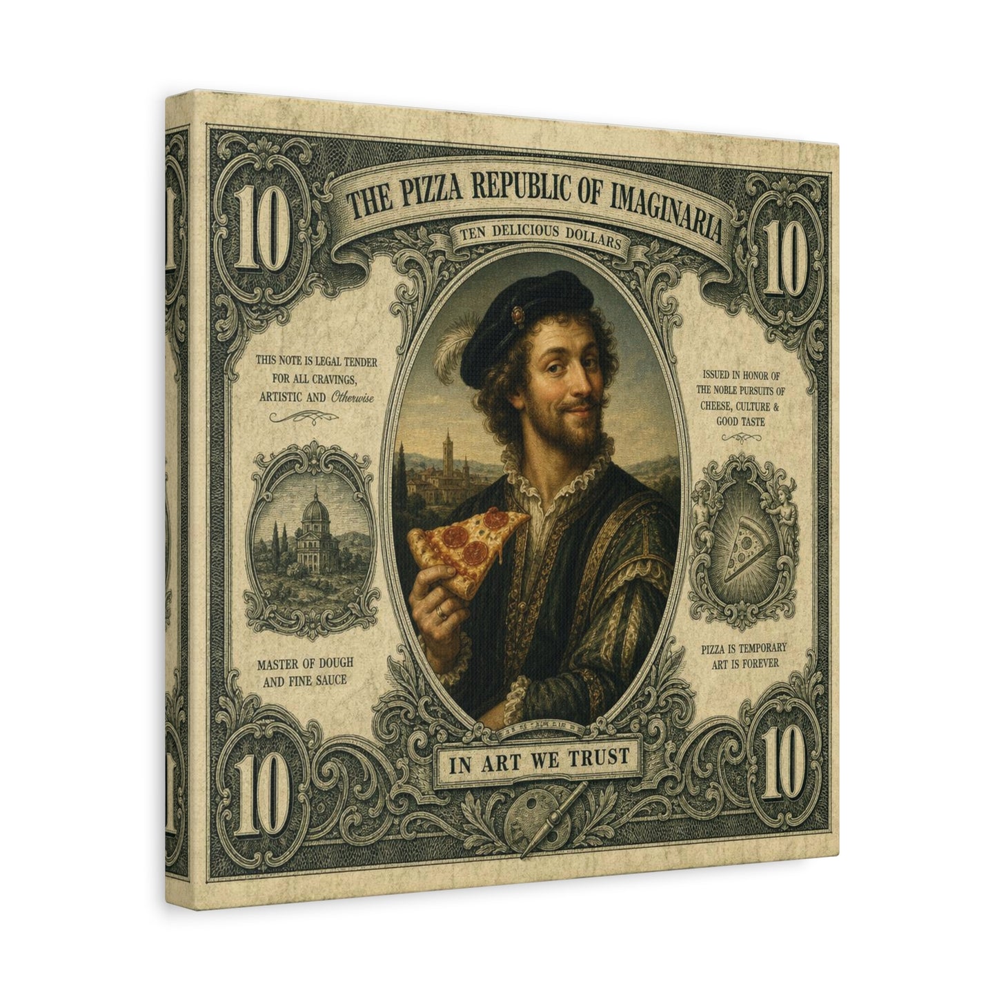 "The Pizza Republic Of Imaginaria" Canvas Wall Art - Vintage Typography Portrait Print, Renaissance Pizza Note Design, Eclectic Office Wall Decor, Cafe Wall Art, Humor Canvas - Reception Area Decor