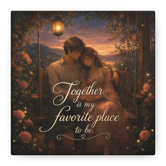 "Together Is My Favorite Place To Be" Romantic Couple Canvas Wall Art - Lantern Swing Sunset Lake Scene, Floral Garden Love Quote Print - Vintage Bedroom Decor - Office Wall Art - Ready to Hang