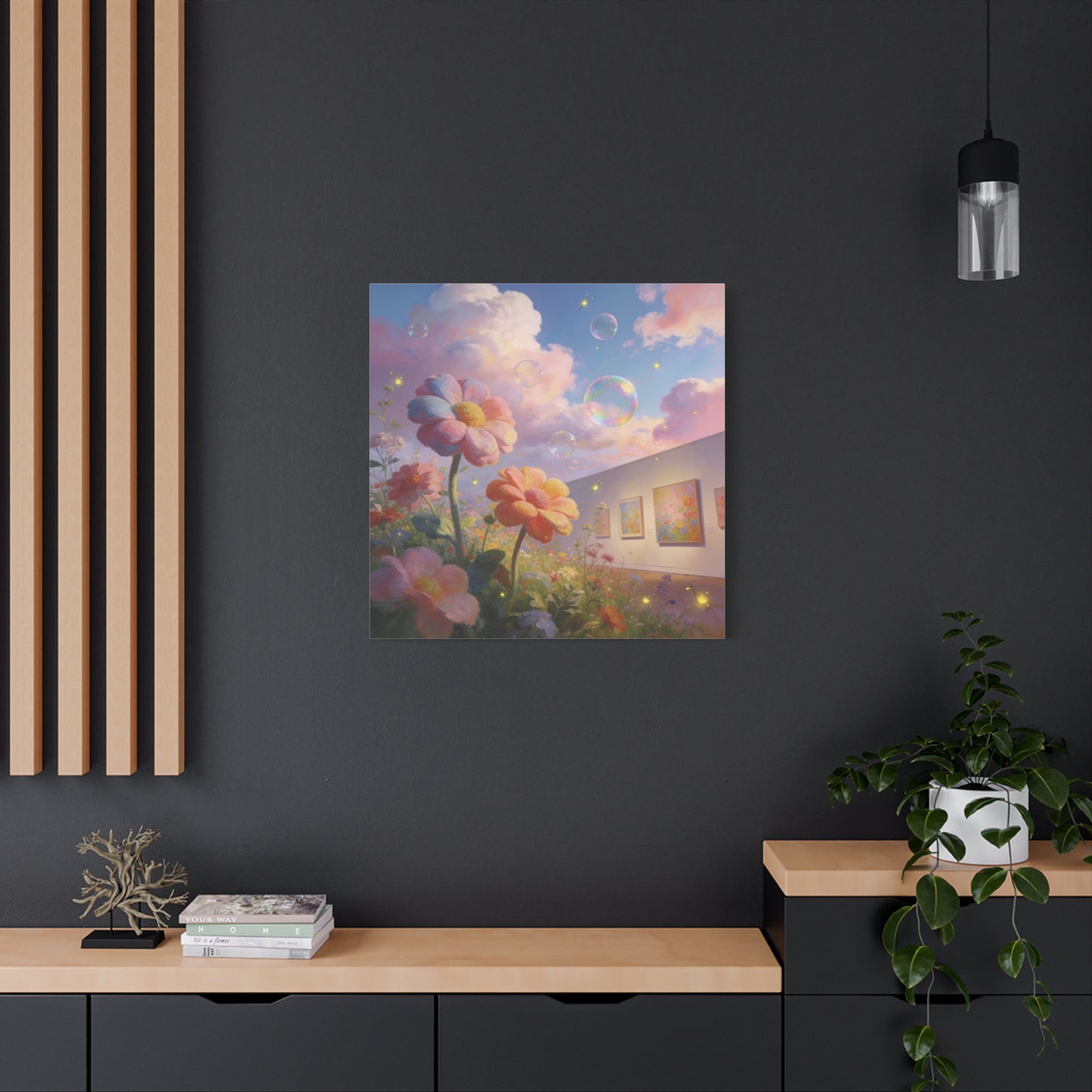 Dreamy Floral Canvas Wall Art - Pastel Wildflower Sky With Iridescent Bubbles, Firefly Glow - Whimsical Matte Canvas Print - Contemporary Bedroom Wall Decor, Living Room Accent - Cozy Reading Nook Art