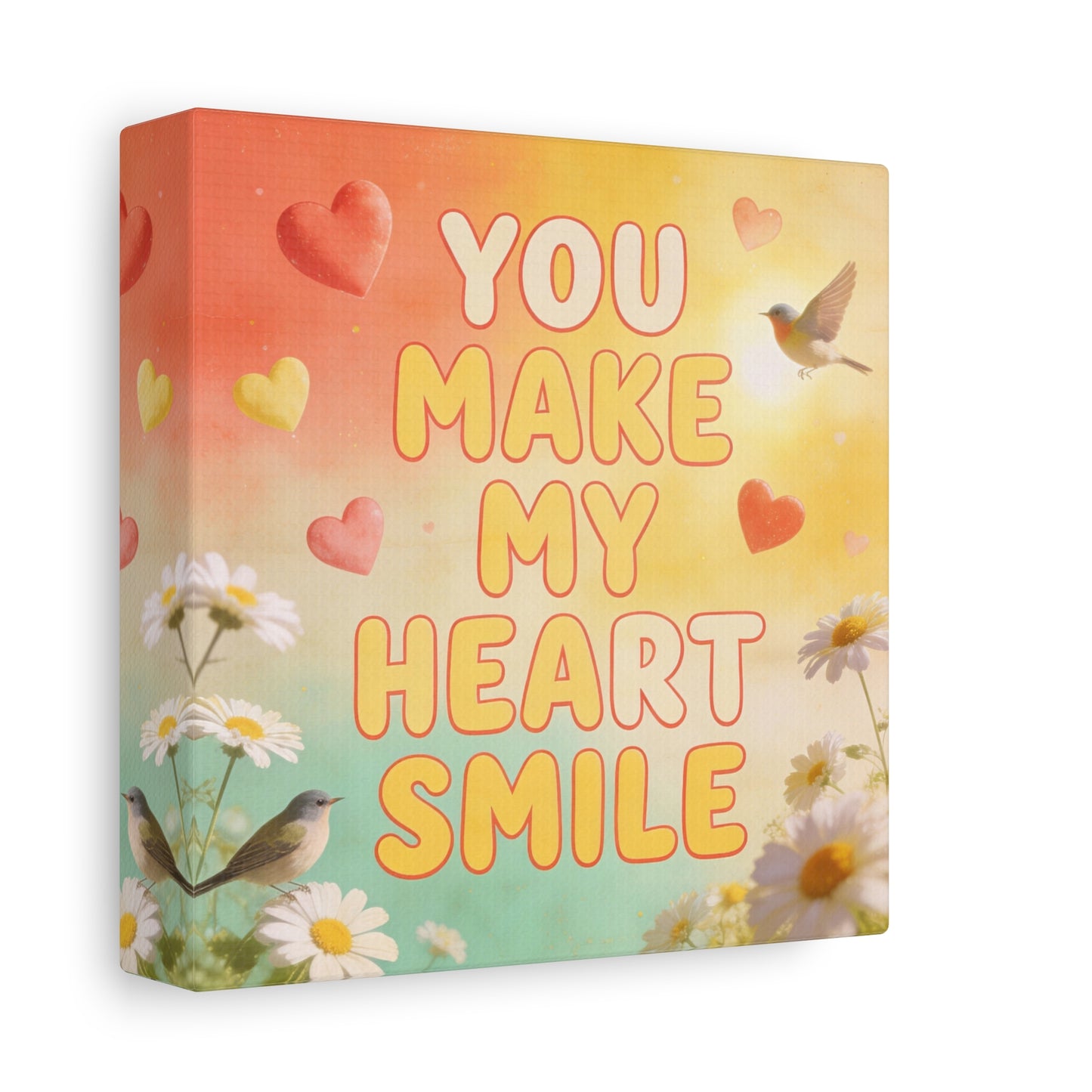 "You Make My Heart Smile" Inspirational Canvas Wall Art - Daisy And Songbird Quote Print, Pastel Typography Decor, Cheerful Bedroom Wall Hanging, Nursery Home Accent - Bedroom Home Decoration