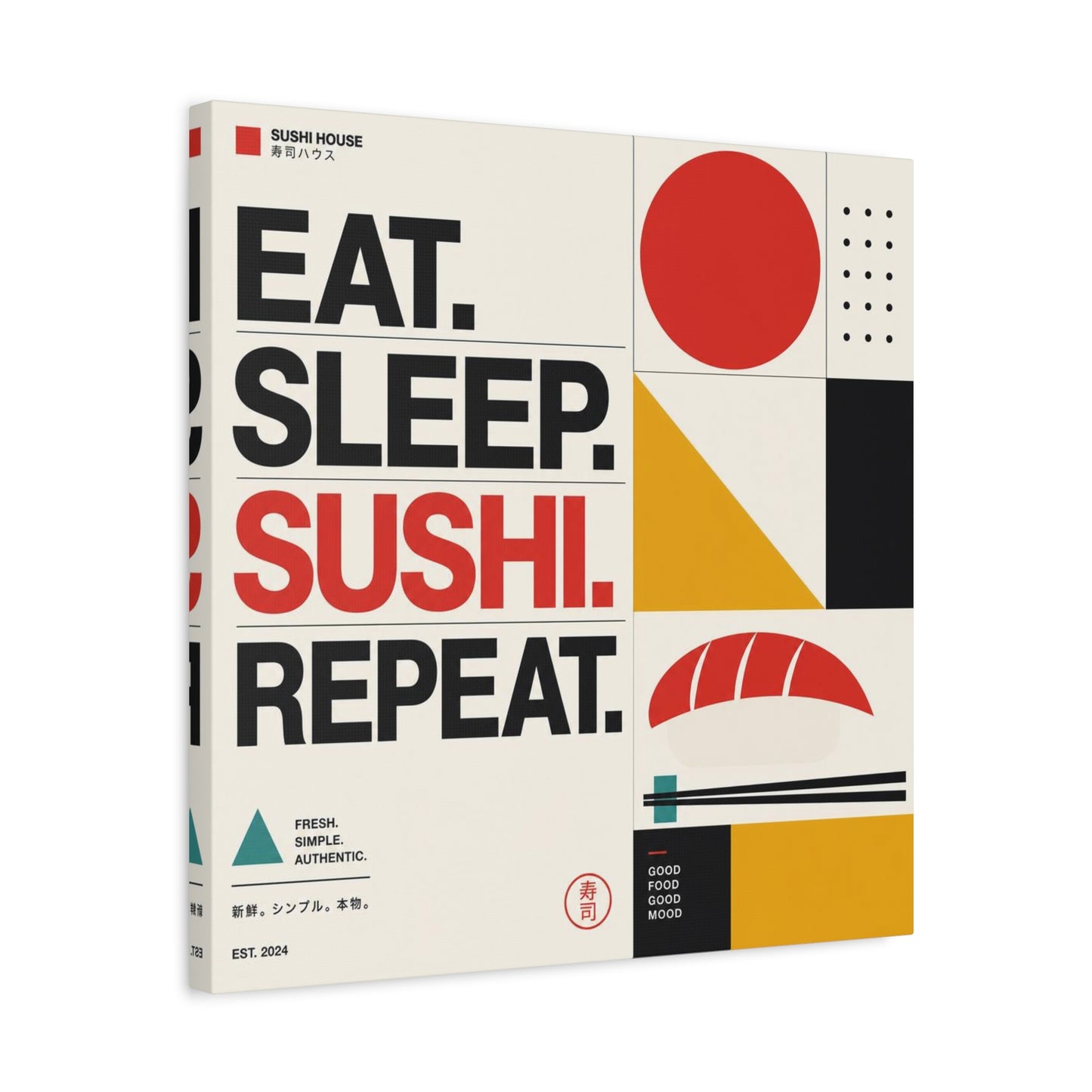 "Eat. Sleep. Sushi. Repeat." Sushi Canvas Wall Art - Japanese Typography Print, Geometric Food Poster Design - Modern Minimalist Cotton Canvas - Cafe Decor, Kitchen Accent, Dining Room Artwork