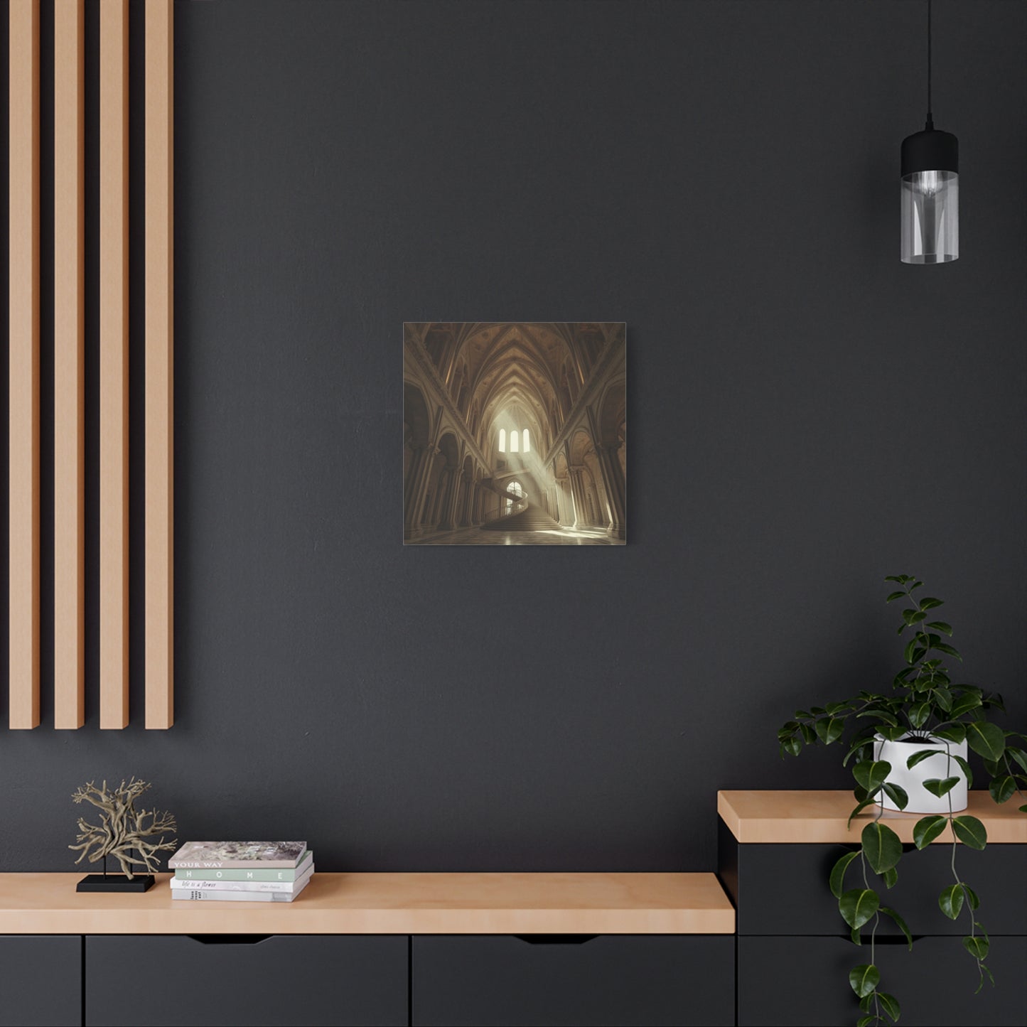 Gothic Cathedral Interior Canvas Wall Art - Sunlit Spiral Staircase, Religious Architecture Print - Matte Cotton Canvas - Traditional Style - Living Room Wall Decor, Office Art - Ready to Hang