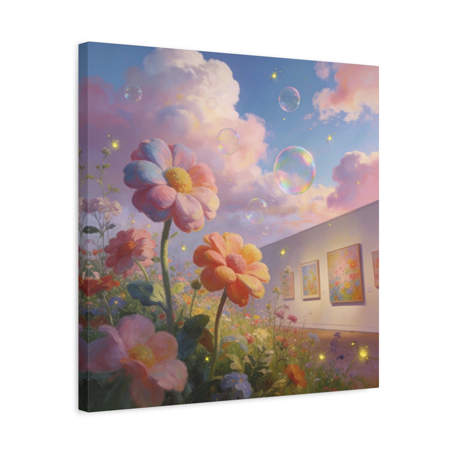 Dreamy Floral Canvas Wall Art - Pastel Wildflower Sky With Iridescent Bubbles, Firefly Glow - Whimsical Matte Canvas Print - Contemporary Bedroom Wall Decor, Living Room Accent - Cozy Reading Nook Art