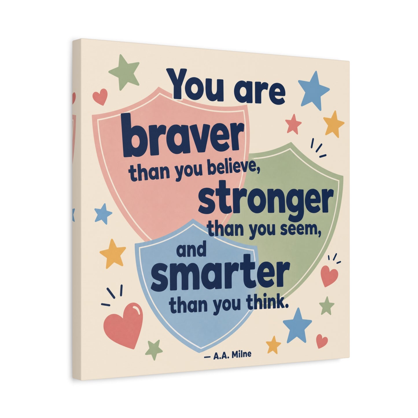 "You Are Braver, Stronger, Smarter" Quote Canvas Wall Art - Kids Inspirational Typography Print, Pastel Shield Stars Hearts Design - Nursery Bedroom Classroom Decor - Office Wall Art - Ready to Hang