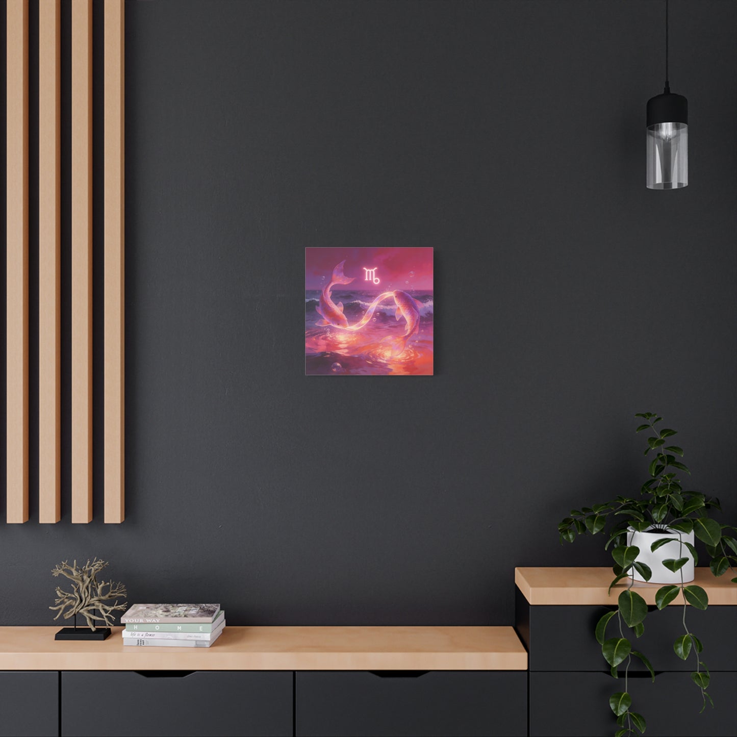 Scorpio Zodiac Canvas Wall Art - Glowing Koi Fish Ocean Illustration, Pink Purple Celestial Water Scene - Modern Fantasy Decor - Bedroom Home Decoration, Living Room Accent - Living Room Wall Decor