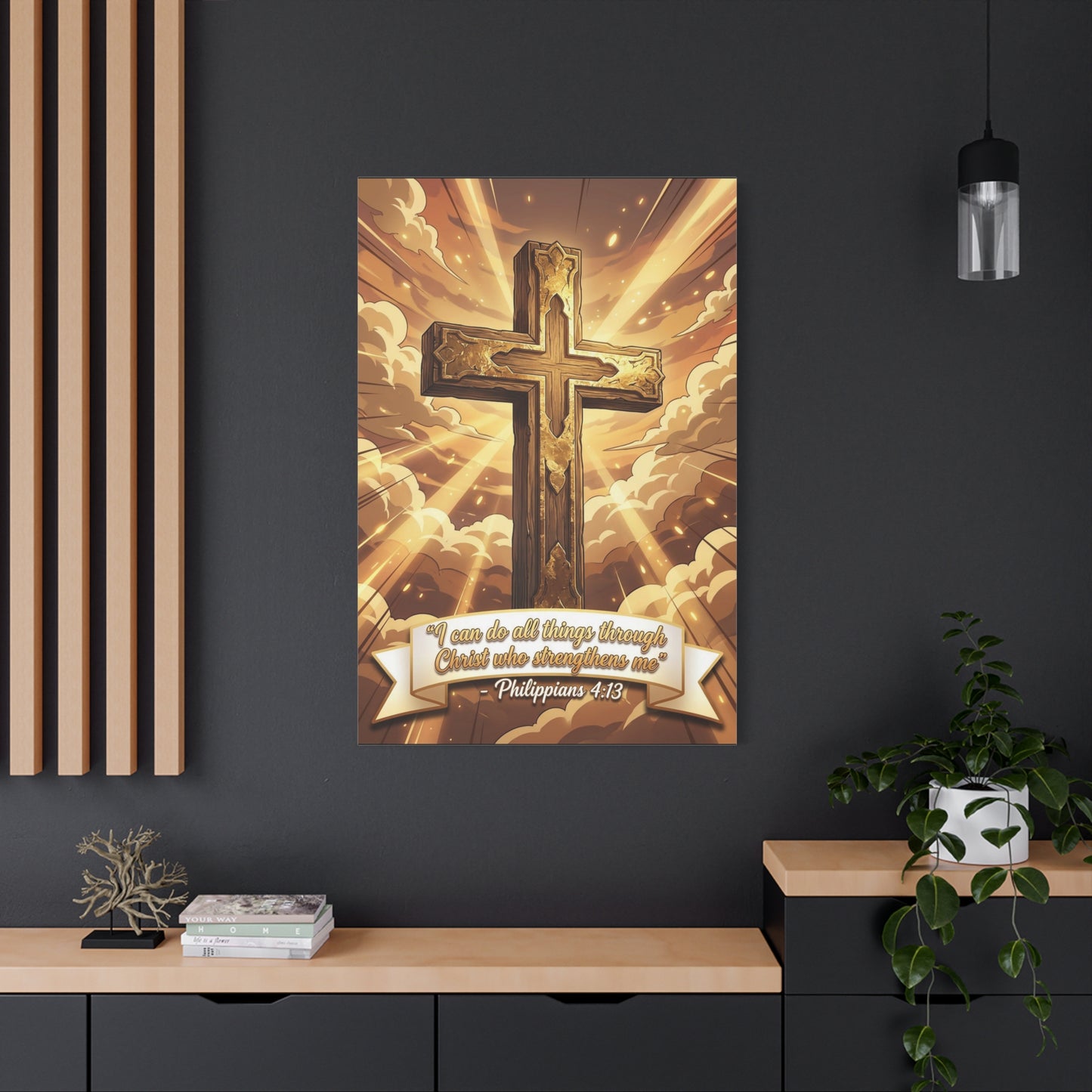 "I Can Do All Things Through Christ Who Strengthens Me" Cross Canvas Wall Art - Philippians 4:13 Scripture Decor, Golden Sky Christian Home Accent, Traditional Bedroom Living Room Decoration