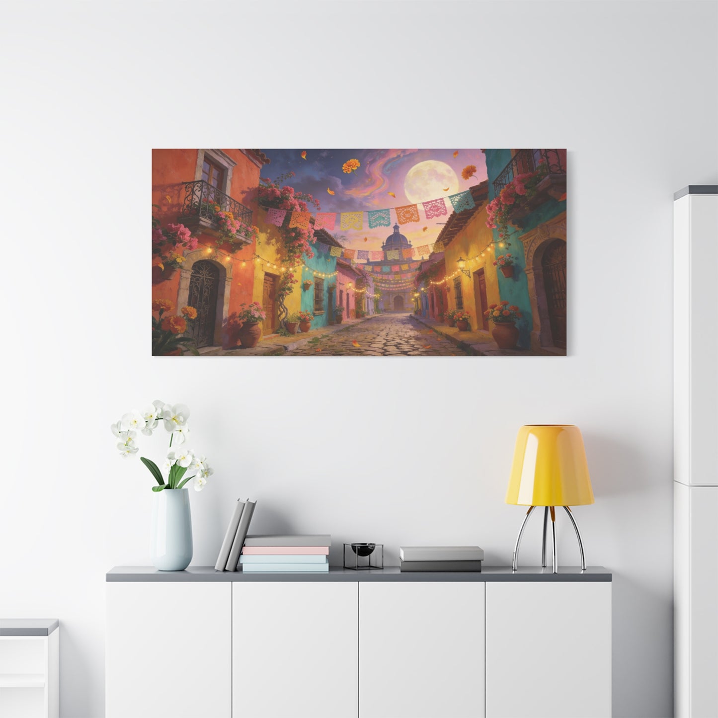 Moonlit Colorful Colonial Street Canvas Wall Art - Papel Picado, Marigolds, Full Moon - Dreamy Matte Canvas Print - Living Room Wall Decor, Bedroom Home Decoration - Bedroom Home Decoration