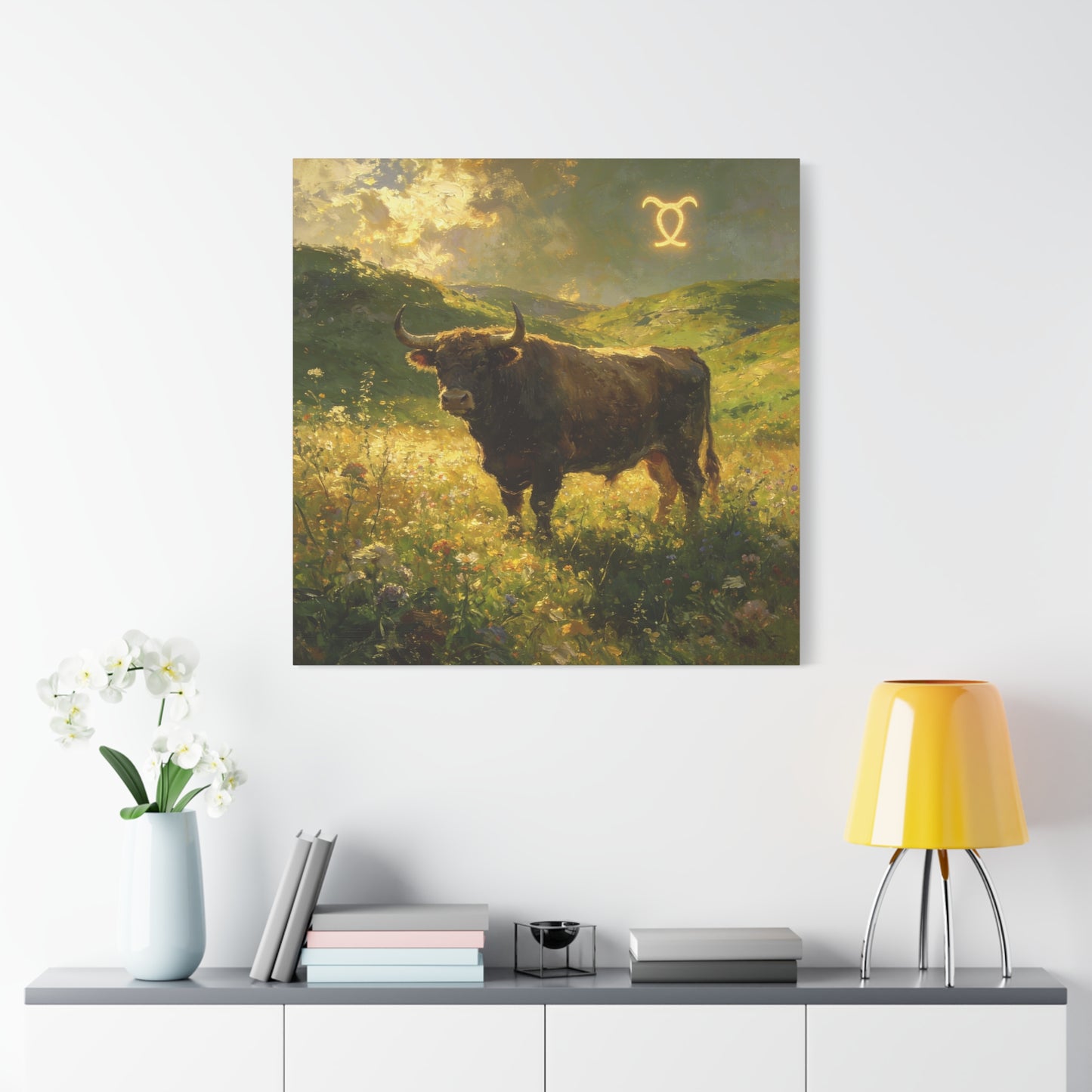 Taurus Bull Canvas Wall Art - Golden Meadow Landscape Painting, Zodiac Symbol, Rustic Contemporary Cotton Canvas Print, Living Room Wall Decor, Bedroom Home Decoration, Office Art Accent