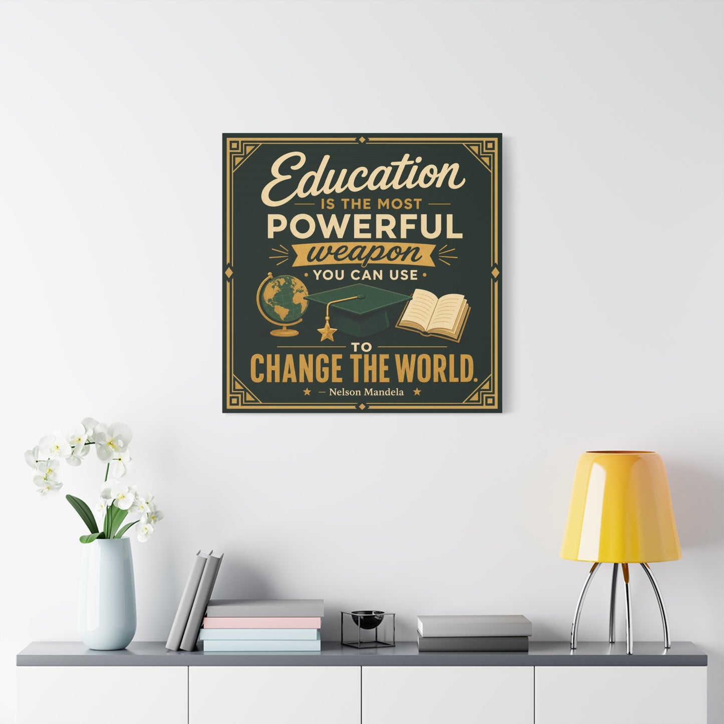 "Education Is The Most Powerful Weapon You Can Use To Change The World." Canvas Wall Art - Nelson Mandela Quote, Teacher Classroom Poster, Study Room Decoration - Office Wall Art - Ready to Hang