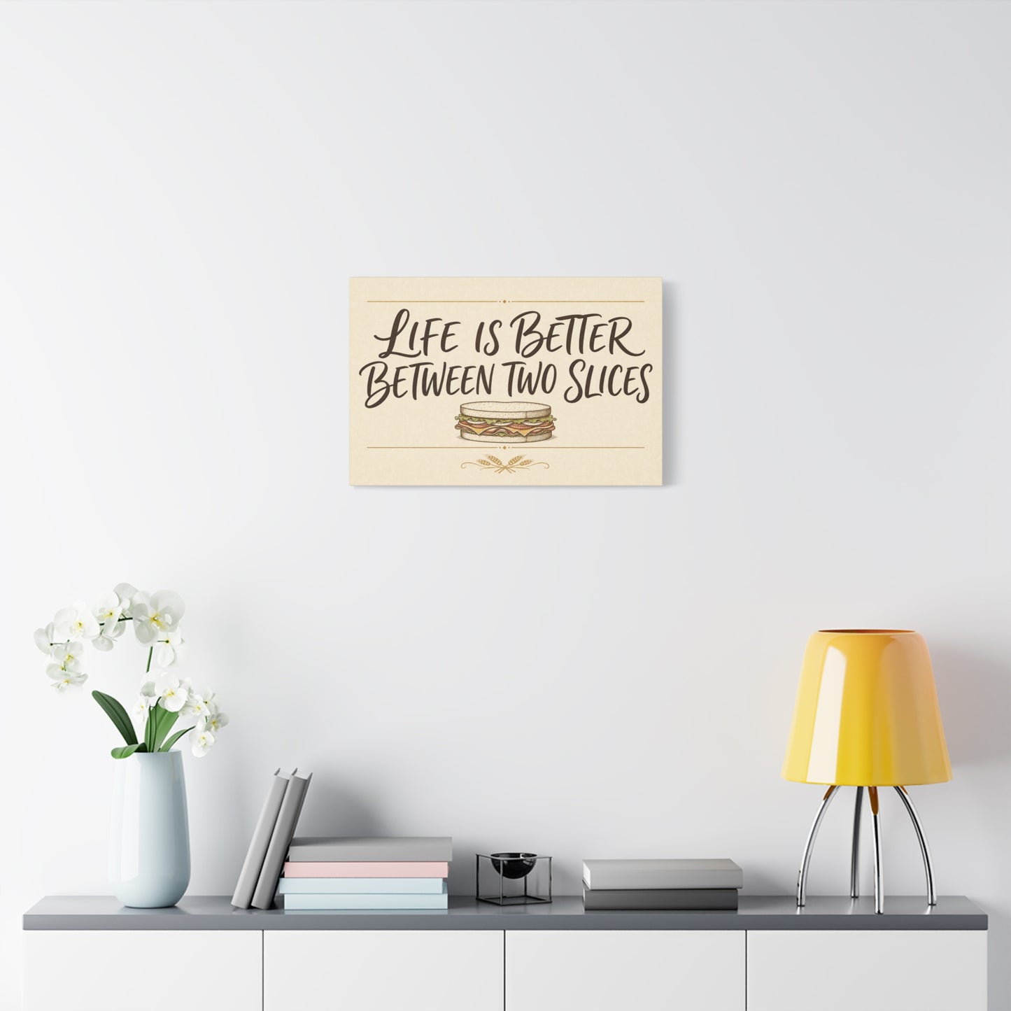 "Life Is Better Between Two Slices" Sandwich Canvas Wall Art - Funny Quote Print, Vintage Farmhouse Style, Beige Food Illustration - Ready to Hang - Ready to Hang - Deli Wall Decor - Diner Decor