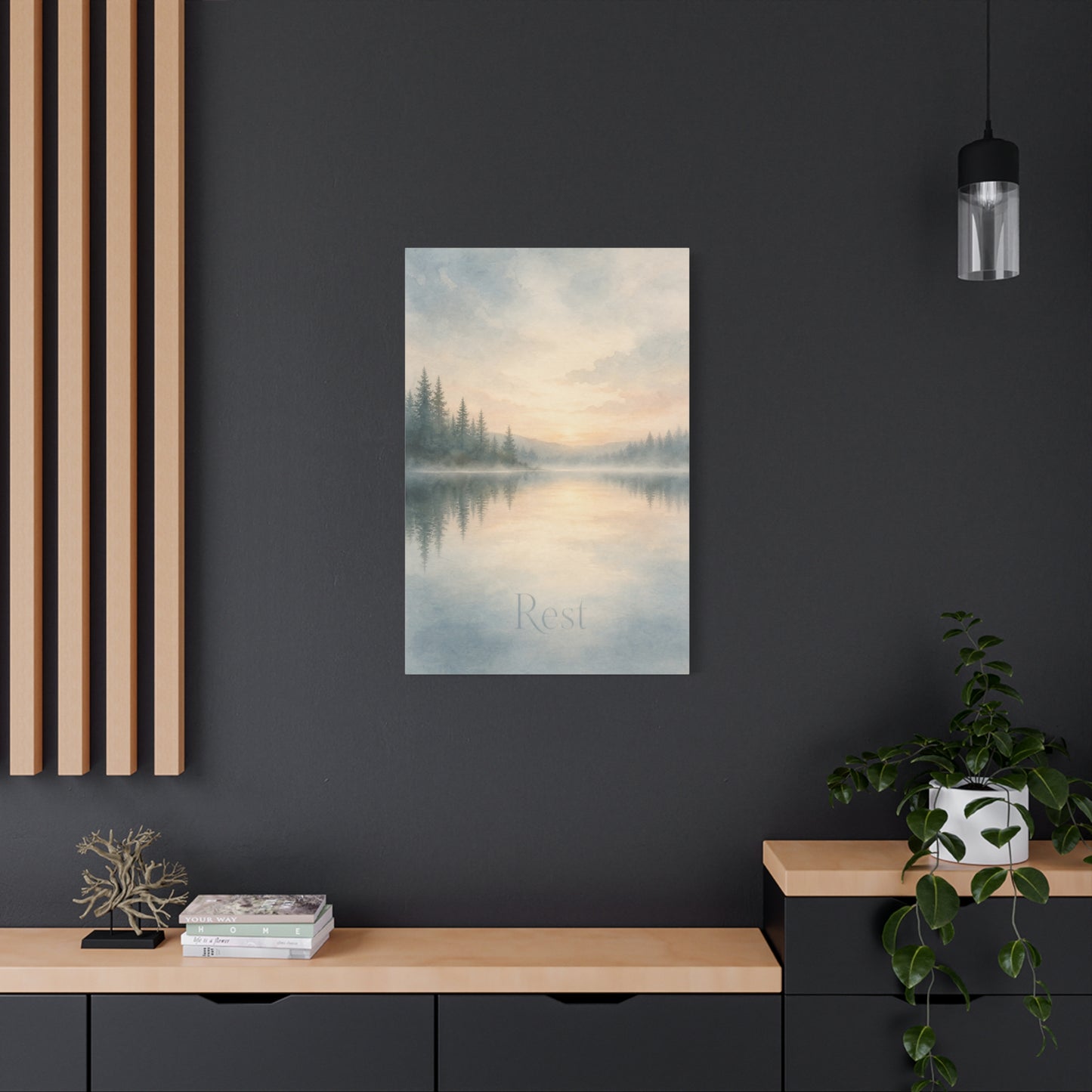 "Rest" Misty Lake Canvas Wall Art - Pine Forest Sunrise Reflection Print - Serene Landscape Home Decor, Bedroom Wall Hanging, Minimalist Nature Artwork, Meditation Space Accent - Ready to Hang