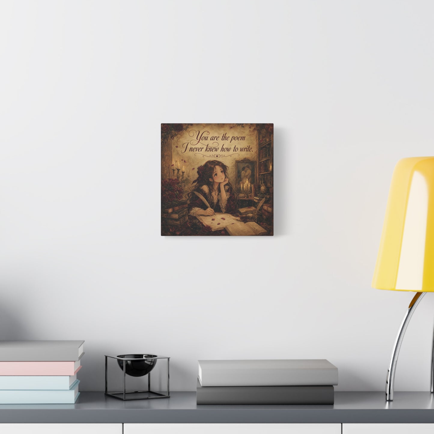 "You Are The Poem I Never Knew How To Write" Quote Canvas Wall Art - Romantic Gothic Library Girl Illustration - Vintage Brown Decor - Bedroom Wall Hanging, Teenager Room Decor - Ready to Hang