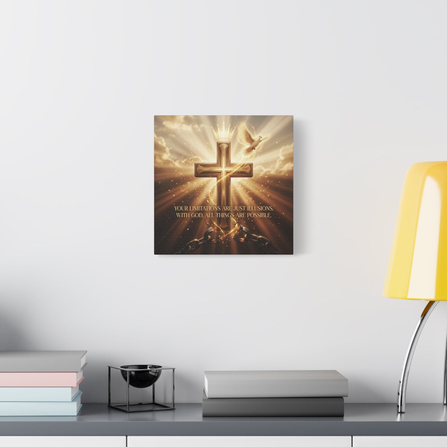 "Your Limitations Are Just Illusions. With God, All Things Are Possible." Christian Canvas Wall Art - Glowing Cross, White Dove, Crown, Broken Chains - Gold Religious Wall Decor For Living Room