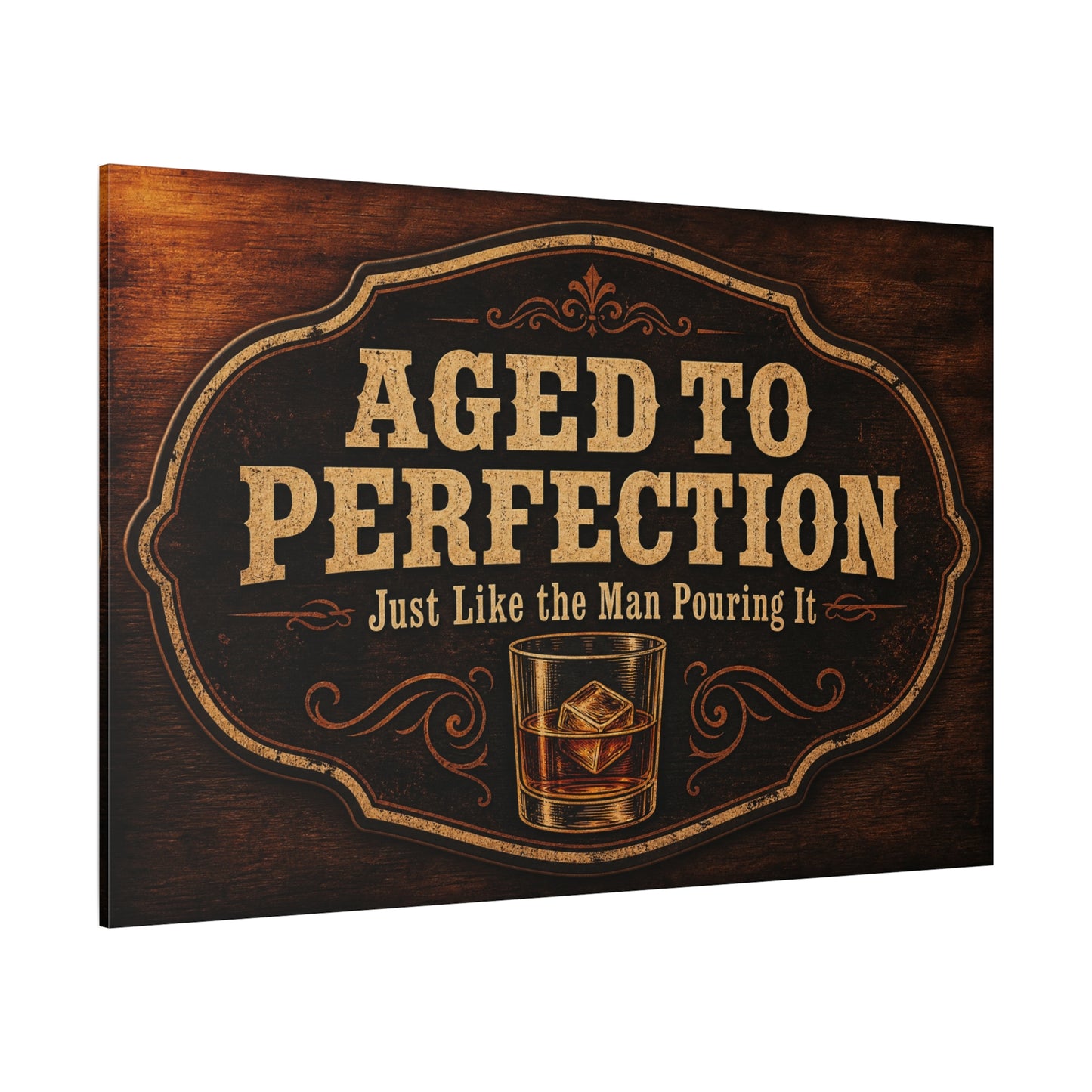 "Aged To Perfection Just Like The Man Pouring It" Whiskey Canvas Wall Art - Vintage Bar Quote Decor, Old Fashioned Glass Illustration - Office Wall Art - Ready to Hang - Cocktail Lounge Decor