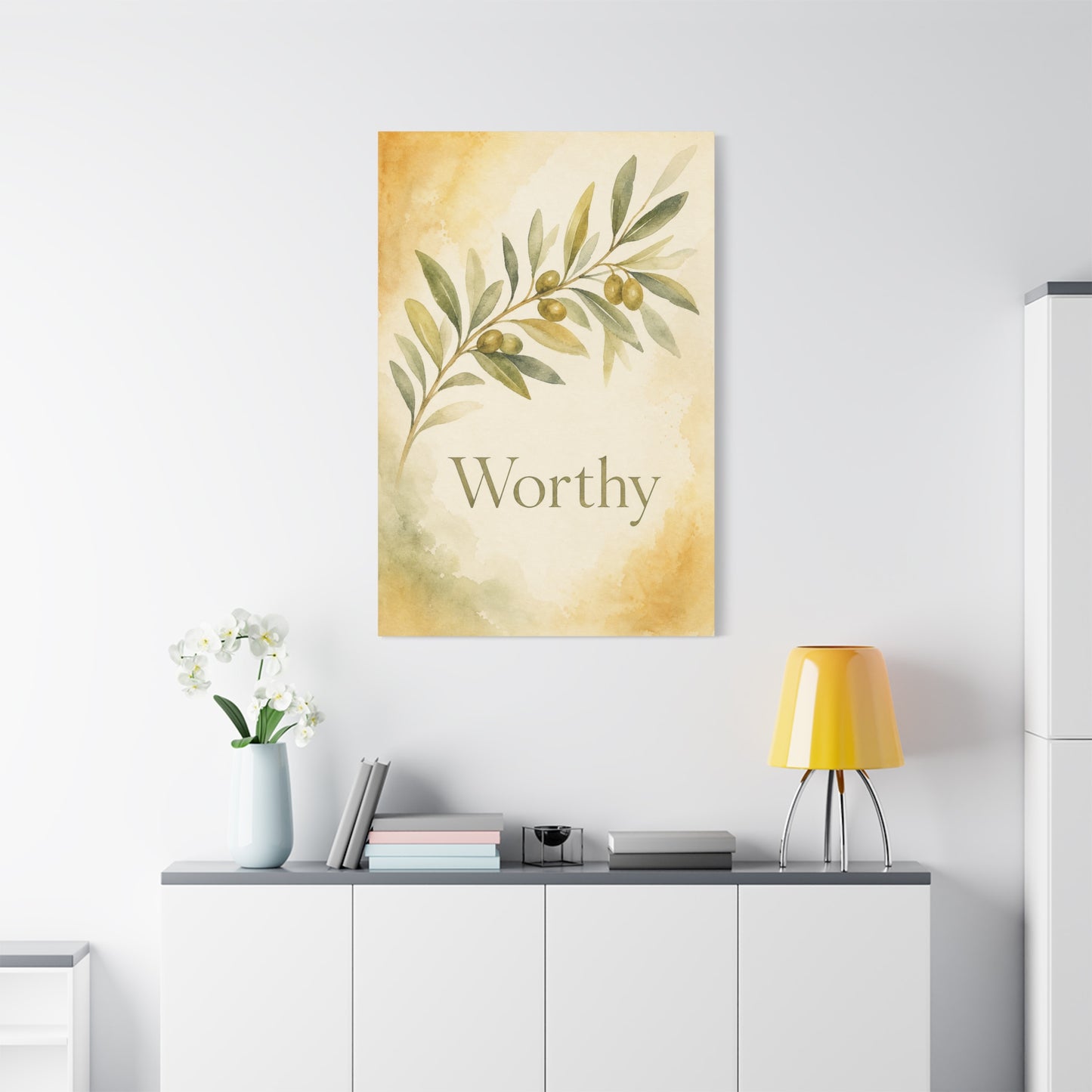 "Worthy" Olive Branch Canvas Wall Art - Botanical Inspirational Wall Decor - Watercolor Sage Gold Canvas Print - Bedroom Living Room Decoration - Ready to Hang - Bedroom Home Decoration