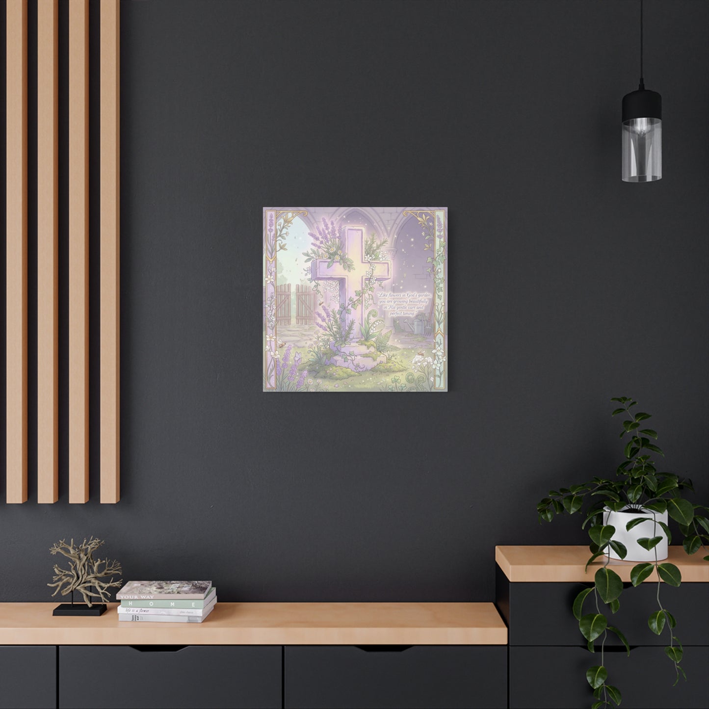 "Like Flowers In God's Garden, You Are Growing Beautifully" Christian Canvas Wall Art - Floral Cross Scripture Decor - Lavender Garden Illustration - Bedroom Home Decoration, Living Room Accent