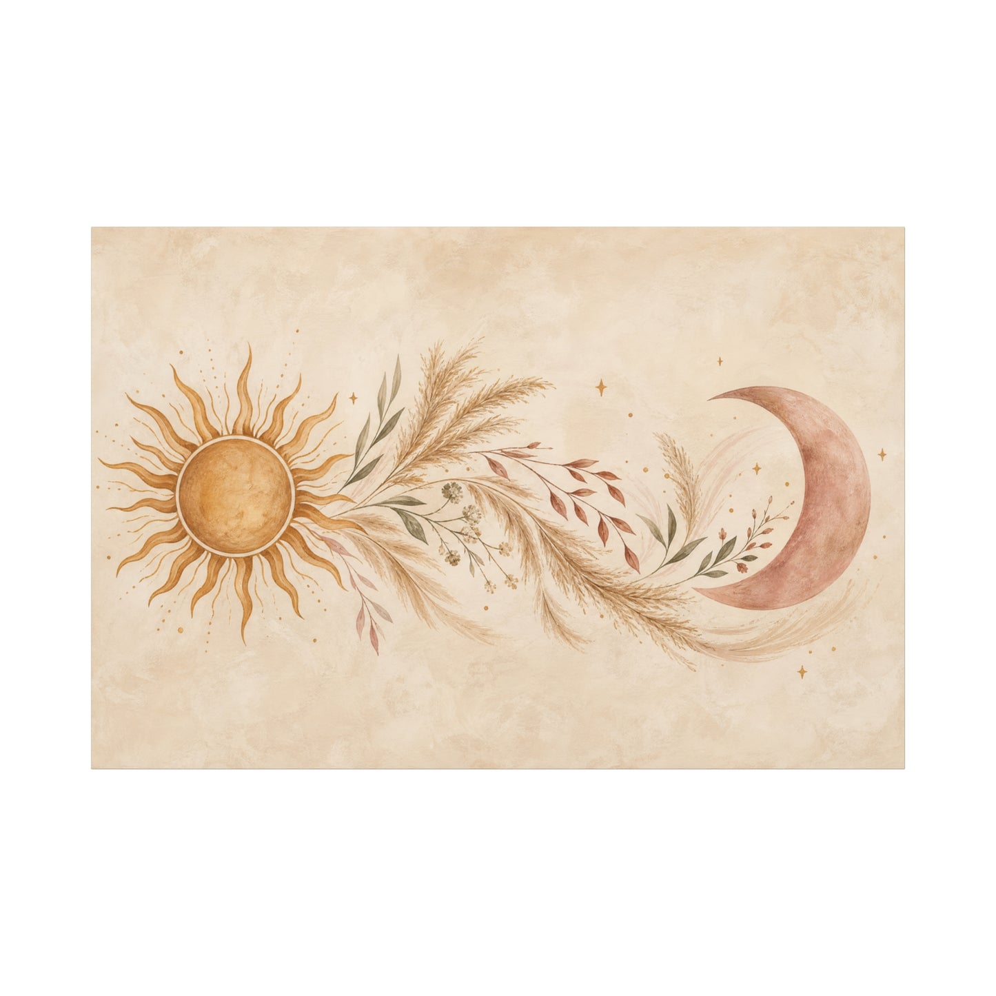Boho Sun And Moon Canvas Wall Art - Celestial Botanical Pampas Grass Print - Neutral Beige Terracotta Modern Bohemian Decor - Bedroom Living Room Wall Decor - Meditation Space Accent - Ready to Hang