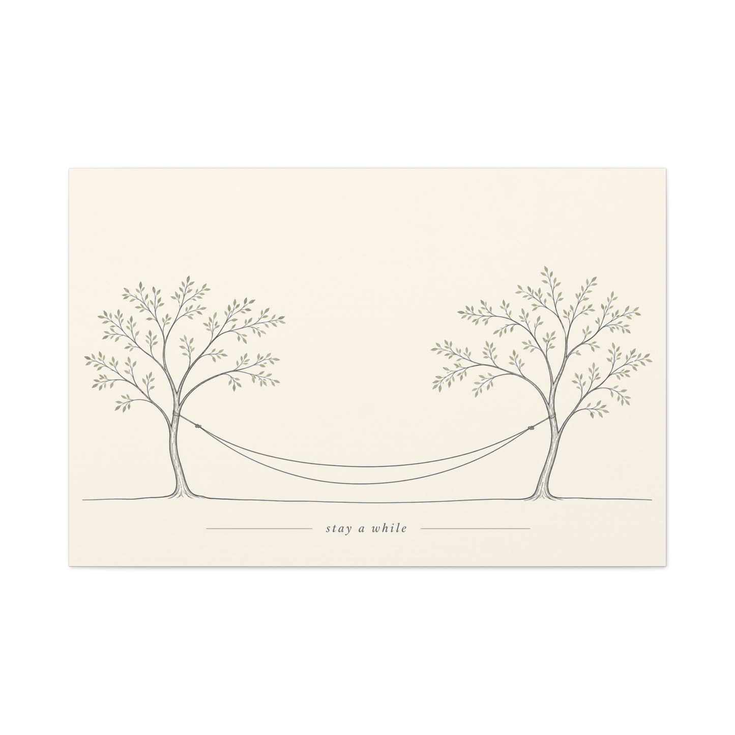 "Stay A While" Hammock Between Trees Canvas Wall Art - Minimalist Botanical Line Drawing, Neutral Beige Cotton Canvas Print - Bedroom Wall Decor, Living Room Home Decoration - Bedroom Home Decoration