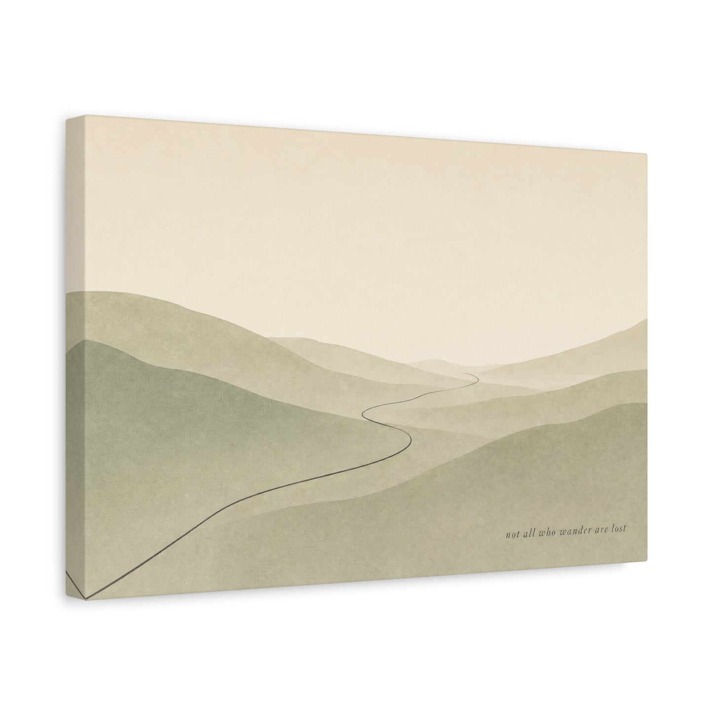 "Not All Who Wander Are Lost" Minimalist Landscape Canvas Wall Art - Misty Hills, Winding Path, Neutral Sage Beige Tones - Modern Wall Decor For Bedroom, Living Room, Home Office - Ready to Hang