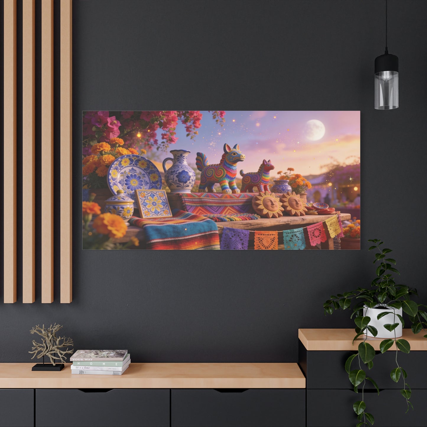 Talavera Pottery Folk Art Canvas Wall Art - Colorful Mexican Table Still Life, Moonlit Fiesta Decor - Matte Cotton Print - Bohemian Living Room Wall Decor, Dining Room Accent - Bedroom Home Decoration