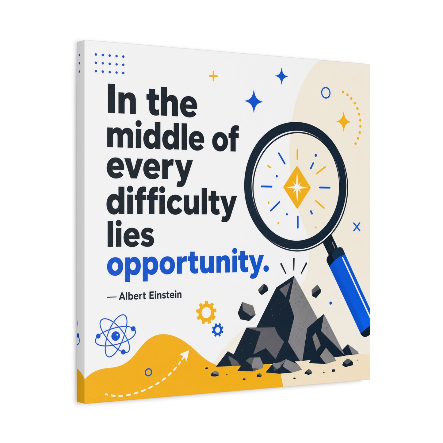 "In The Middle Of Every Difficulty Lies Opportunity." Einstein Canvas Wall Art - Motivational Quote Print, Blue Yellow Modern Typography, Office Decor, Classroom Inspiration, Study Room Accent