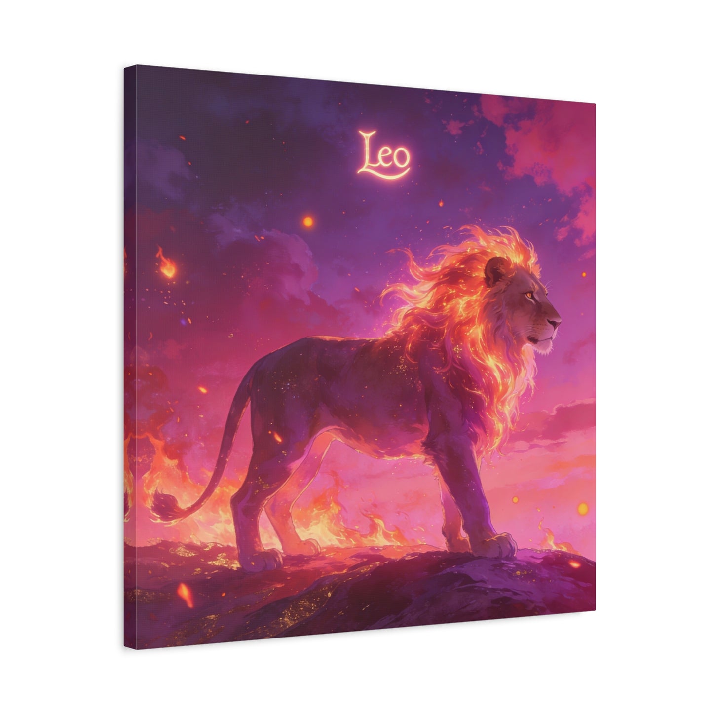"Leo" Lion Canvas Wall Art - Fiery Zodiac Illustration, Purple Pink Sky, Matte Finish Canvas Print - Modern Astrology Decor, Bedroom Home Decoration, Office Wall Art Accent - Bedroom Home Decoration