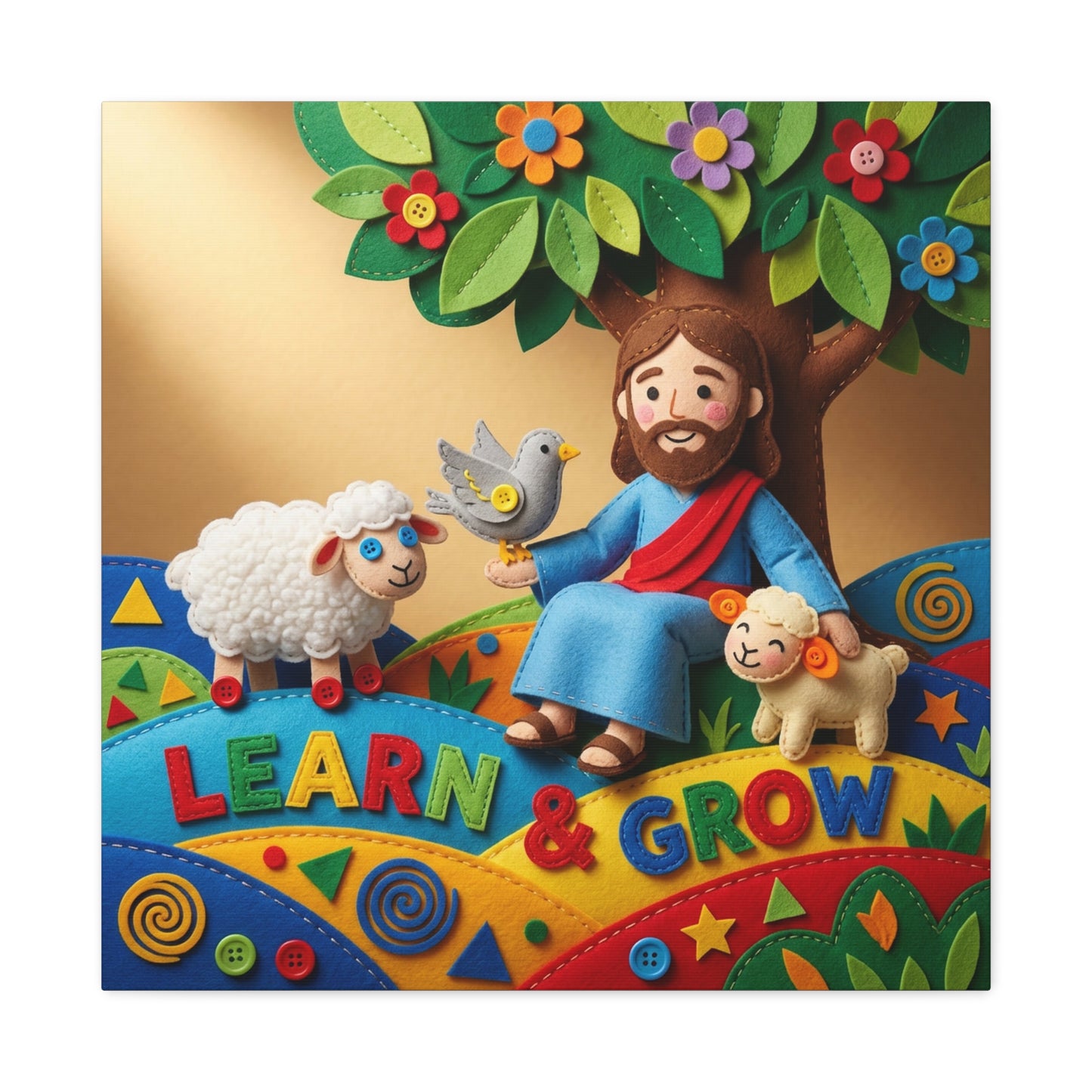 "Learn & Grow" Jesus Canvas Wall Art - Christian Nursery Decor, Lamb And Dove Under Tree - Colorful Felt Style Canvas Print - Kids Room Wall Hanging, Classroom Decoration - Ready to Hang