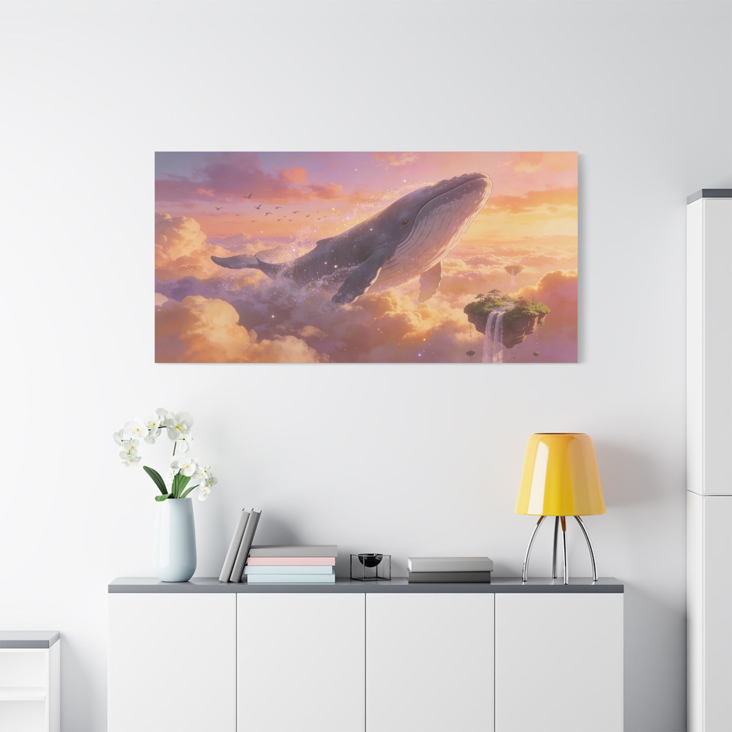 Fantasy Whale Canvas Wall Art - Dreamlike Sky Ocean Scene, Floating Island Waterfall - Matte Cotton Art Print - Surreal Contemporary Style - Living Room Wall Decor Bedroom Accent - Ready to Hang