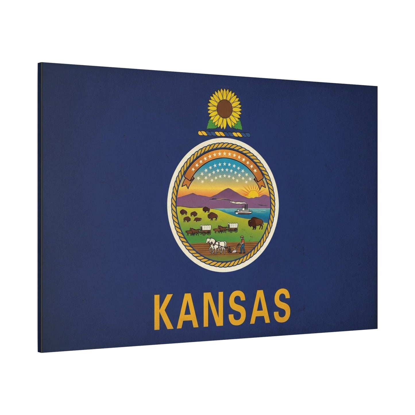 Kansas State Flag Canvas Wall Art - Sunflower Seal Prairie Buffalo Wagon Sunset Print - Vintage Blue Typography Decor - Living Room Wall Decor, Office Art, Dorm Accent - Bedroom Home Decoration