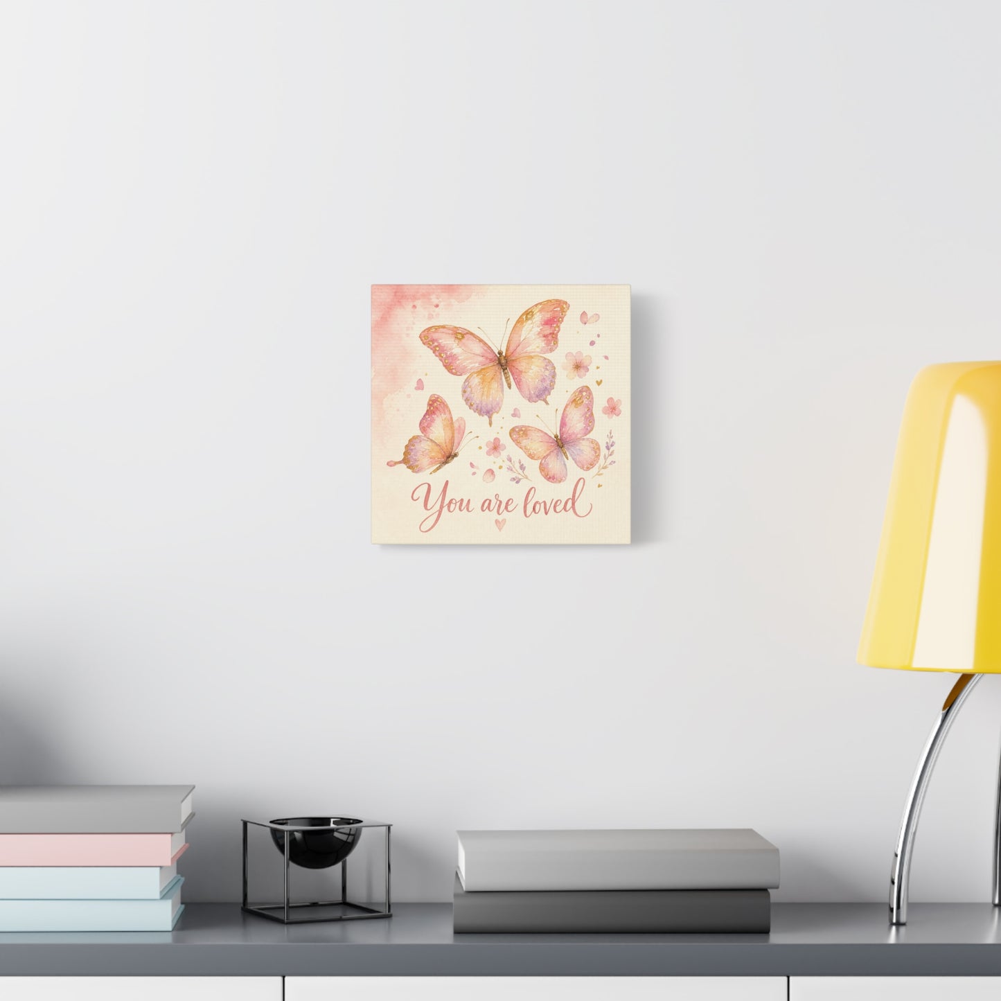 "You Are Loved" Butterfly Canvas Wall Art - Pink Watercolor Butterflies, Inspirational Nursery Decor - Soft Pastel Floral Home Decoration - Bedroom Wall Hanging, Baby Girl Room Accent - Ready to Hang