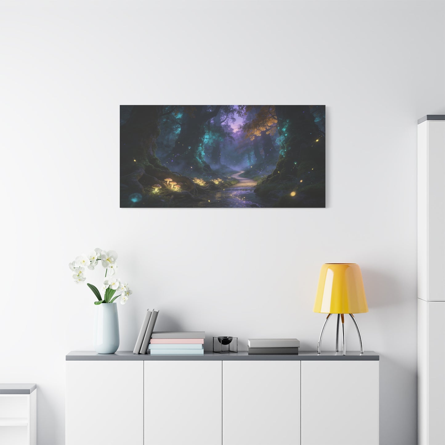 Enchanted Forest Canvas Wall Art - Glowing Mushrooms, Moonlit Woodland Path - Dreamy Fantasy Landscape - Matte Cotton Canvas Print - Living Room Wall Decor, Bedroom Home Decoration - Ready to Hang