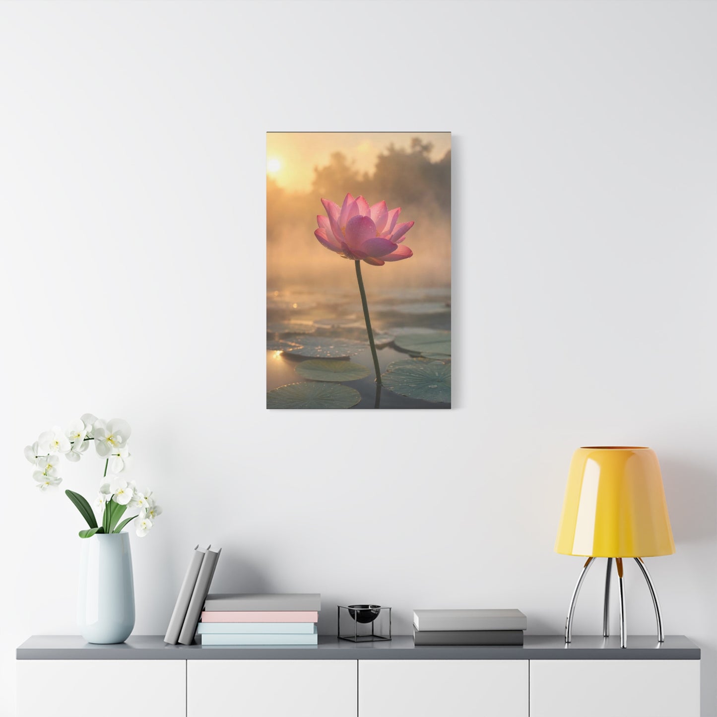 Pink Lotus Canvas Wall Art - Serene Water Lily Sunrise Floral Print - Soft Golden Light, Matte Canvas Print - Bedroom Wall Decor, Bathroom Home Decoration, Zen Meditation Space - Cozy Reading Nook Art
