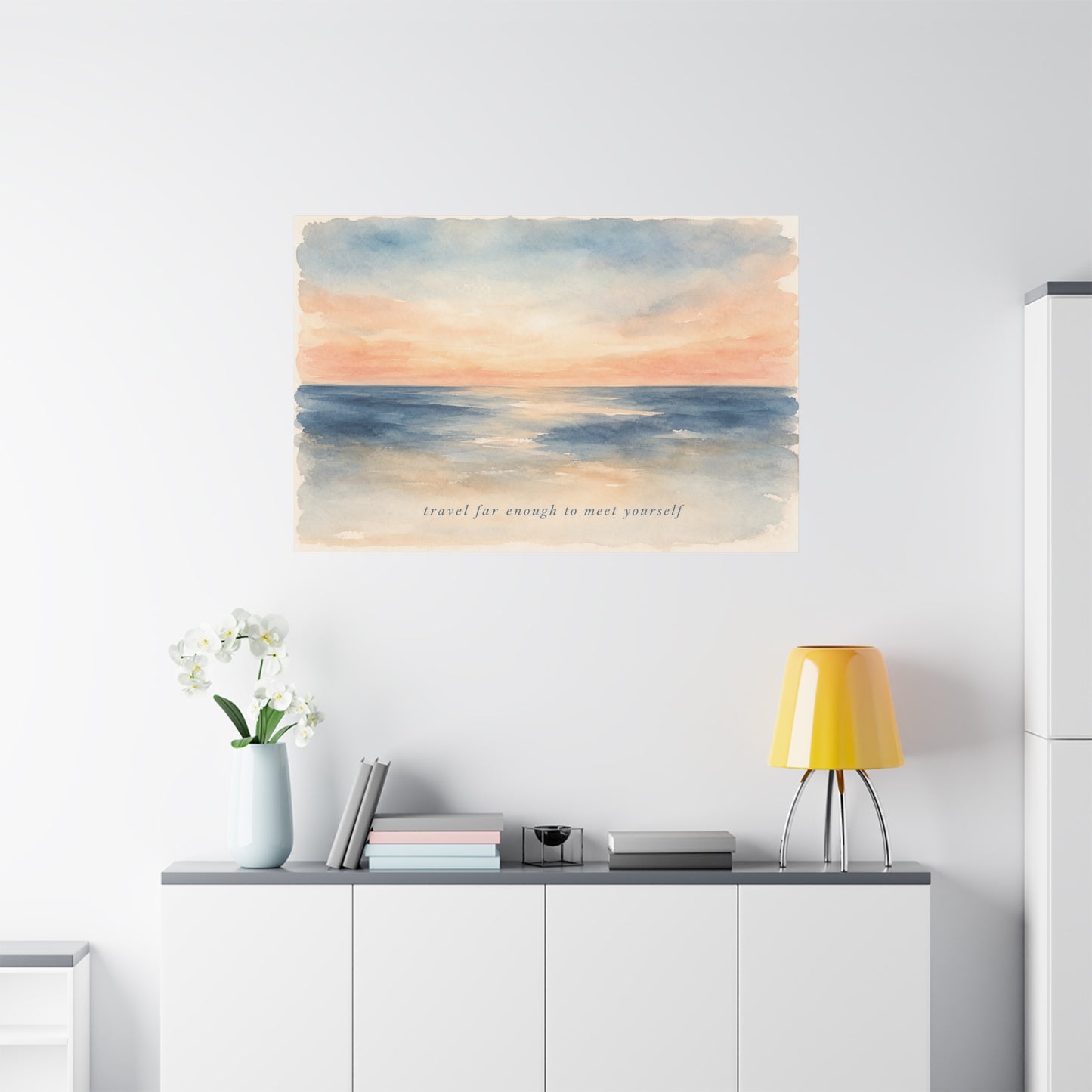 "Travel Far Enough To Meet Yourself" Coastal Canvas Wall Art - Watercolor Ocean Sunset Quote Print - Serene Beach Seascape Decor - Bedroom Living Room Wall Decor - Bedroom Home Decoration