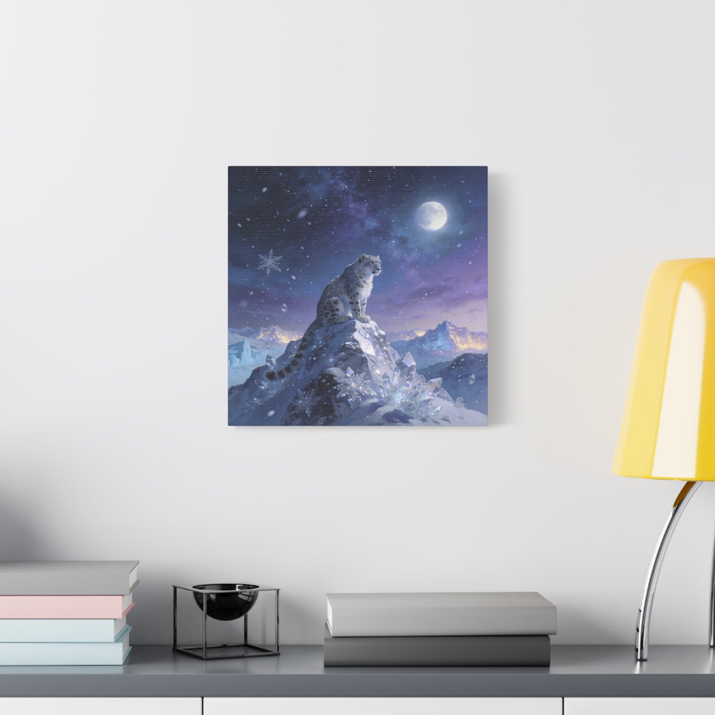 Snow Leopard Canvas Wall Art - Moonlit Arctic Crystal Landscape, Fantasy Wildlife Print - Matte Cotton Canvas - Contemporary Winter Style - Living Room Wall Decor Bedroom Home Decoration