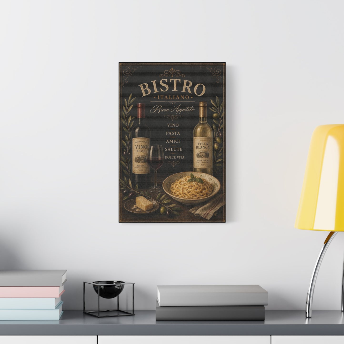 "Bistro Italiano Buon Appetito" Canvas Wall Art - Wine Bottles, Pasta, Olives - Vintage Italian Kitchen Decor - Rustic Farmhouse Style - Dining Room Accent, Cafe Wall Decor - Bedroom Home Decoration