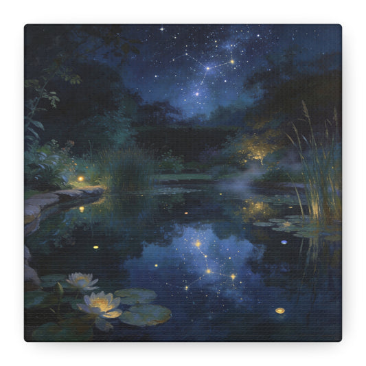 Starry Night Pond Canvas Wall Art - Moonlit Water Lilies, Celestial Reflection Landscape - Dreamy Matte Canvas Print - Traditional Nightscape Style - Living Room Wall Decor Bedroom Home Accent
