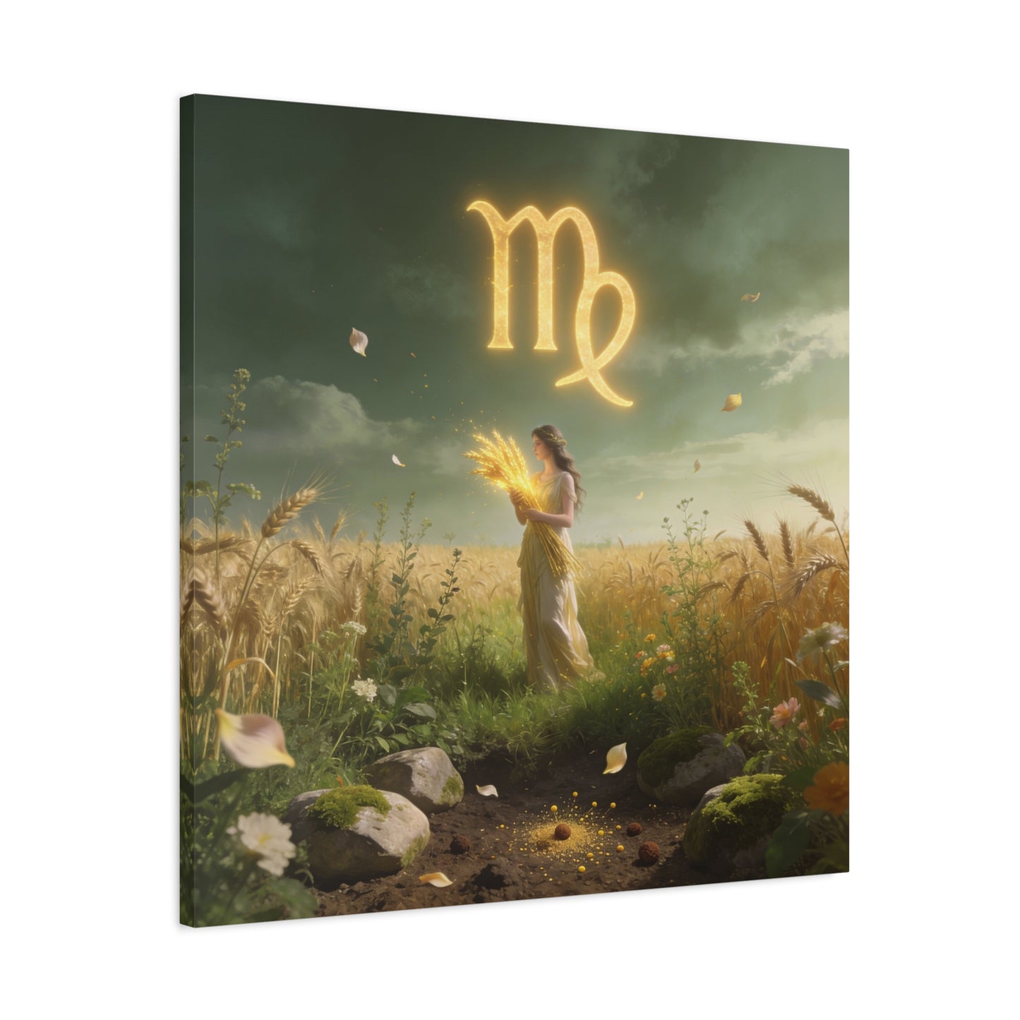 Virgo Zodiac Canvas Wall Art - Glowing Virgo Symbol, Woman In Wheat Field - Mystical Celestial Illustration, Matte Canvas Print - Bedroom Wall Decor, Meditation Space Accent - Bedroom Home Decoration