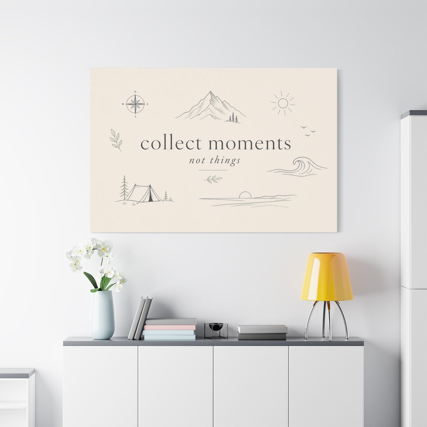 "Collect Moments Not Things" Minimalist Canvas Wall Art - Mountain, Compass, Wave Line Drawing - Neutral Typography Print - Boho Modern Wall Decor For Living Room, Bedroom, Office Accent