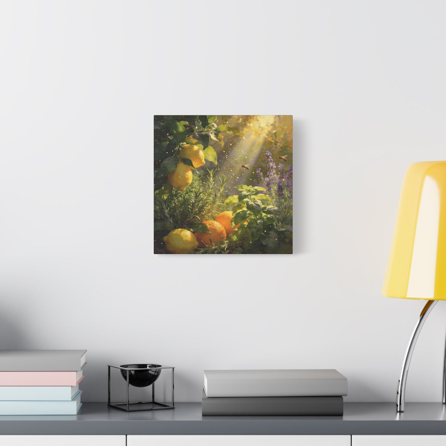 Lemon Herb Garden Canvas Wall Art - Bees, Lavender, Rosemary, Sunlit Botanical Painting - Matte Cotton Print, Rustic Farmhouse Style - Kitchen Wall Decor, Dining Room Accent - Bedroom Home Decoration